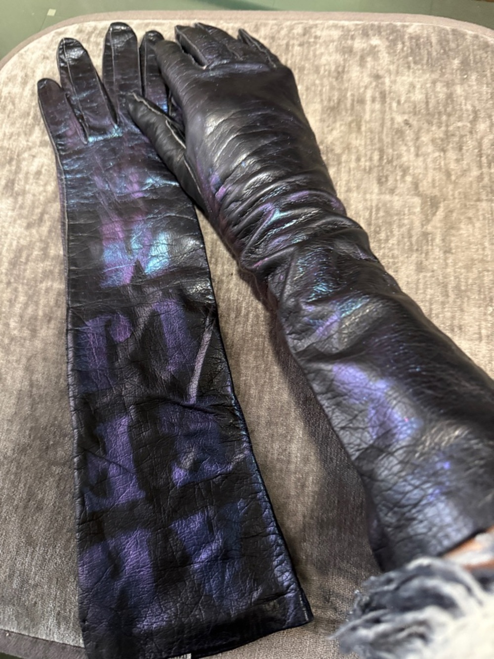 Iridescent Black Long Leather Opera Gloves